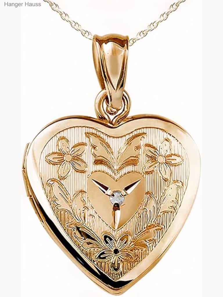 14k Gold Filled Floral Heart Photo Locket Necklace With Diamond & Chain